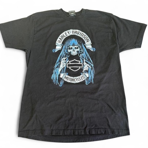 Harley Davidson Other - Harley Davidson black biker tee with blue skull design and American flag.